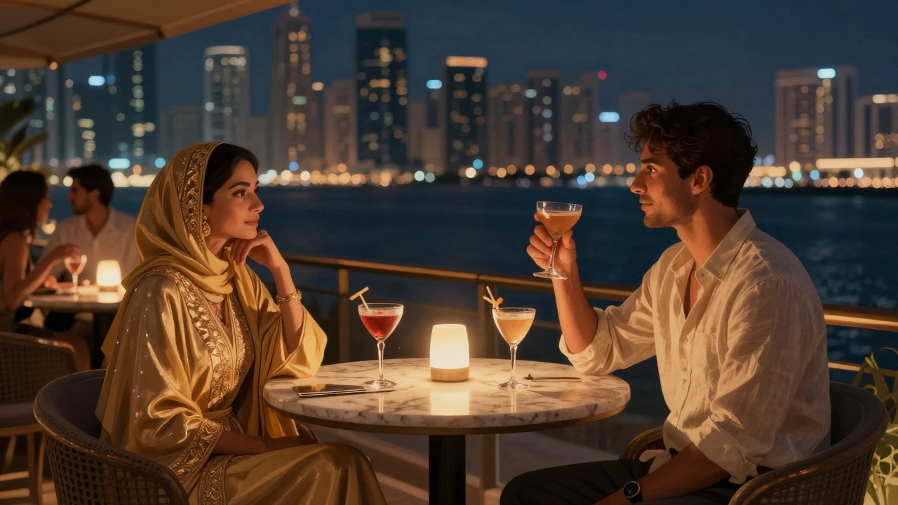 A quiet rooftop bar at night in Dubai Marina, people sipping cocktails under soft lights with the city skyline shimmering behind them.