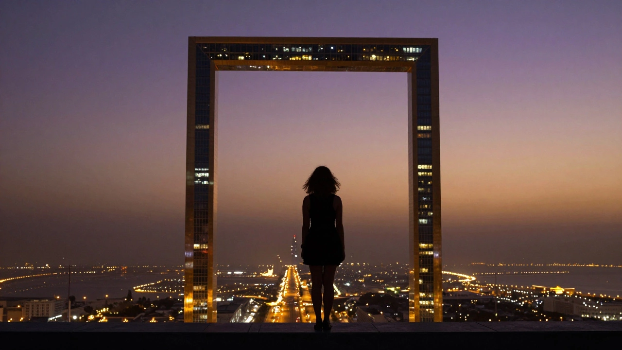 A solitary figure on the Dubai Frame at twilight, silhouetted against the glowing city lights as night falls.