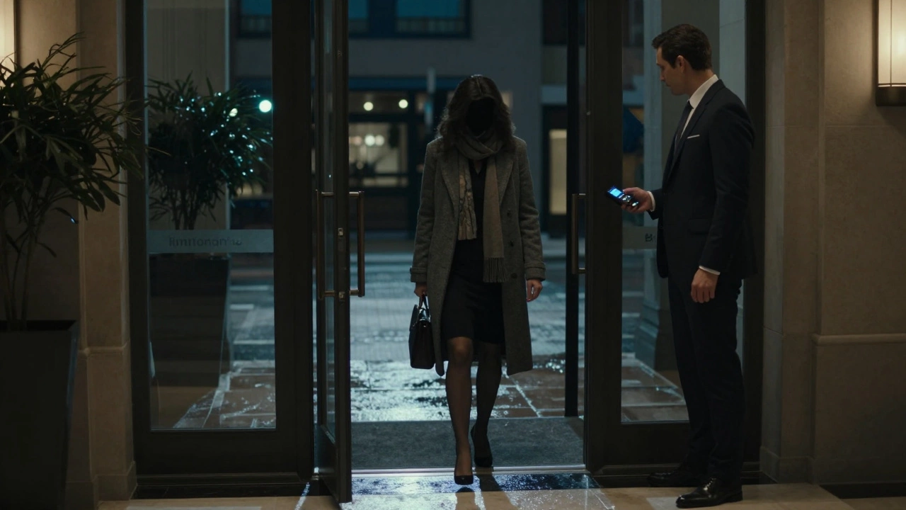 A woman exits a private apartment at night, her face hidden, while a man waits outside with a digital payment device.