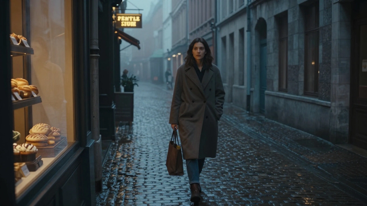 A woman walking alone down a misty cobblestone alley in Lille at night, reflections glowing in shop windows.