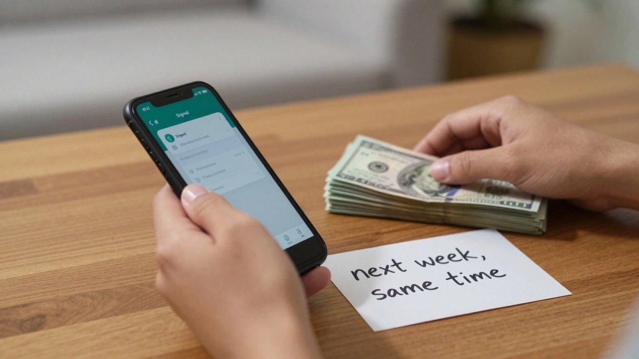 Hands on a wooden table: a burner phone and cash beside a handwritten note, no faces visible, quiet intimacy implied.